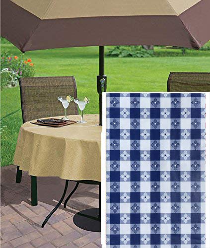 Newbridge Bistro Tavern Check Vinyl Flannel Backed Tablecloth - Cafe Checkered Indoor/Outdoor Vinyl Picnic, BBQ and Dining Tablecloth - 70? Zippered Umbrella Round, Blue