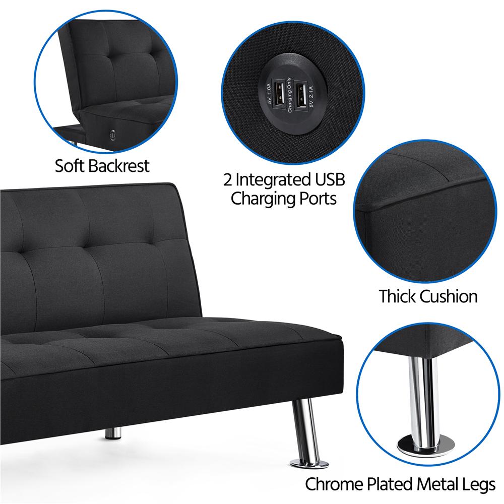 Alden Design Modern Fabric Convertible Futon with USB， Black