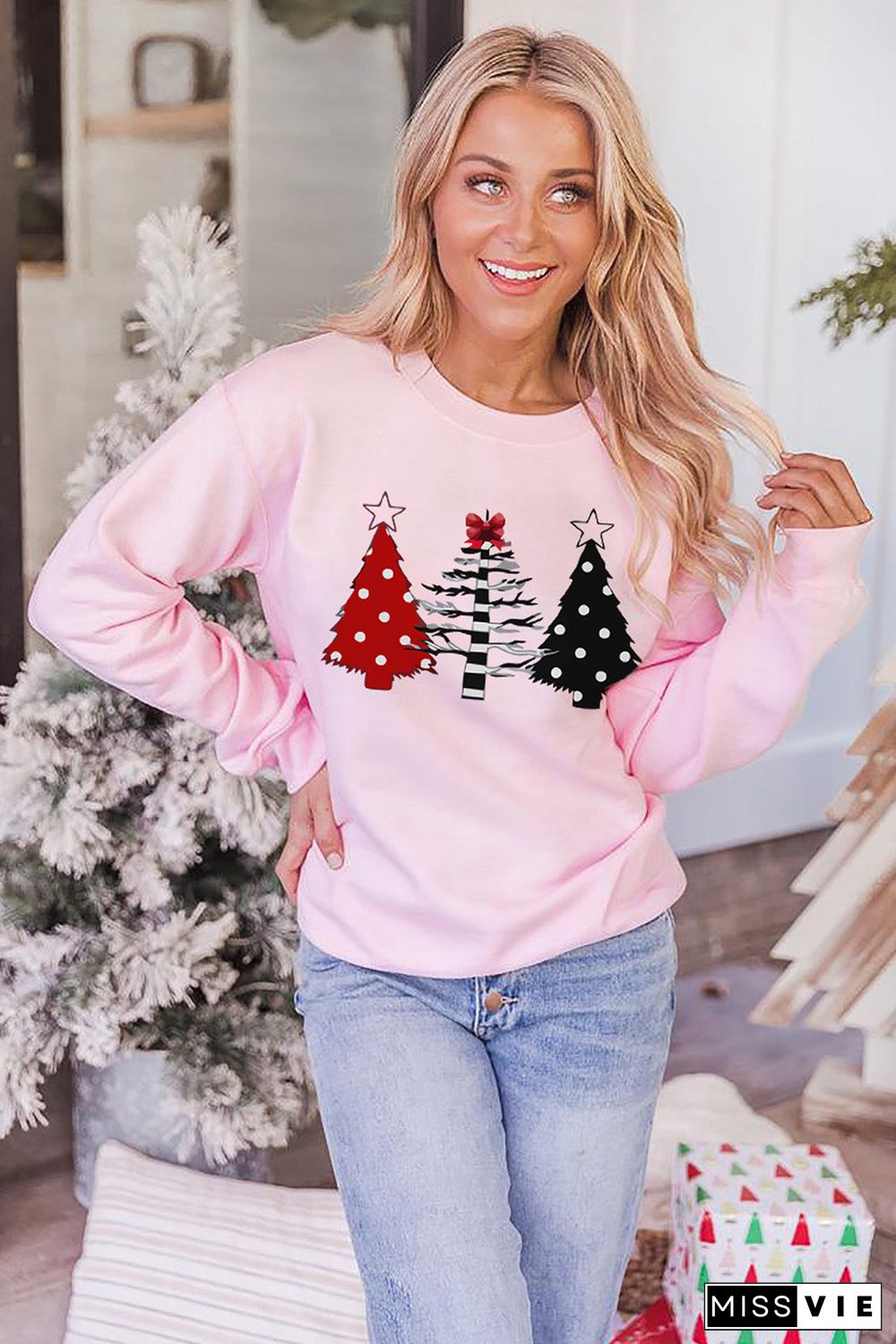 Pink Christmas Tree Graphic Print Pullover Sweatshirt