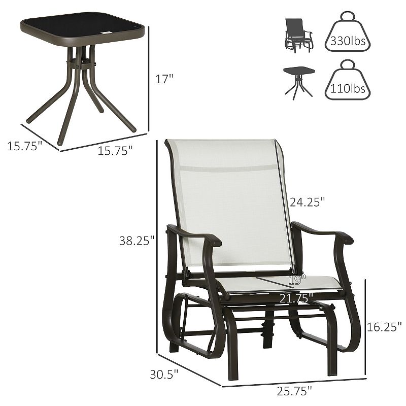 Outsunny 3-Piece Outdoor Gliders Set Bistro Set with Steel Frame， Tempered Glass Top Table for Patio， Garden， Backyard， Lawn， Beige