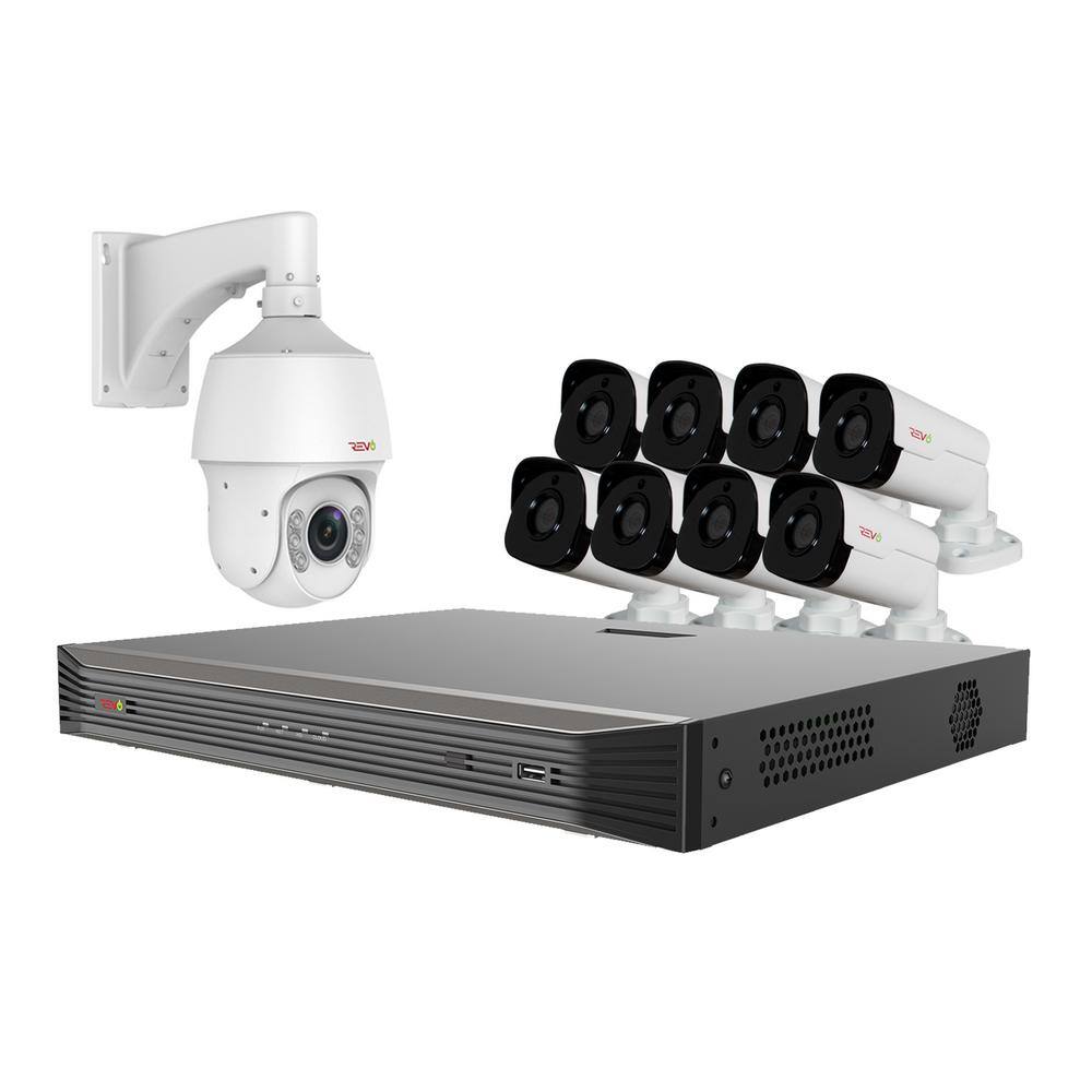 Revo Ultra Commercial Grade 16-CH 4K 3TB Smart NVR Video Surveillance System with 8 4MP Bullet and 22x PTZ Cameras RU162PTZBNDL-1