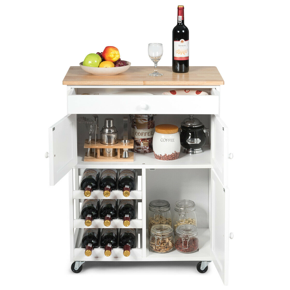 Gymax Modern Rolling Kitchen Cart Trolley Island Storage Cabinet w/DrawerandWine Rack