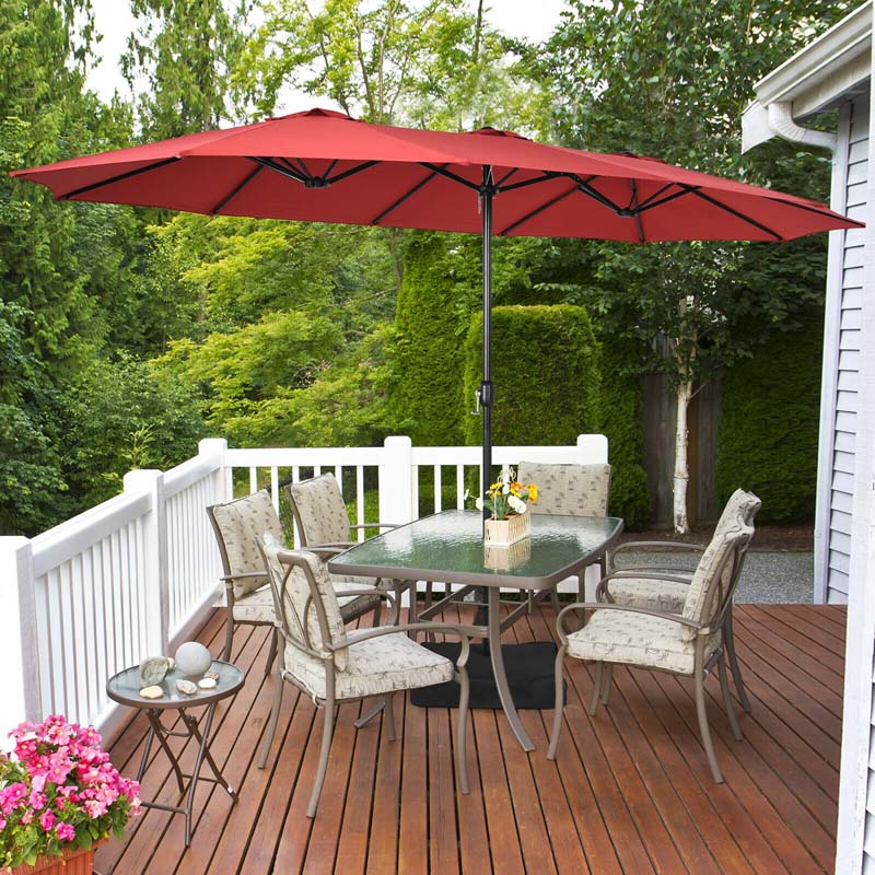 15FT Double-Sided Twin Patio Umbrella with Base & Crank System, Extra-Large Cantilever Market Umbrella