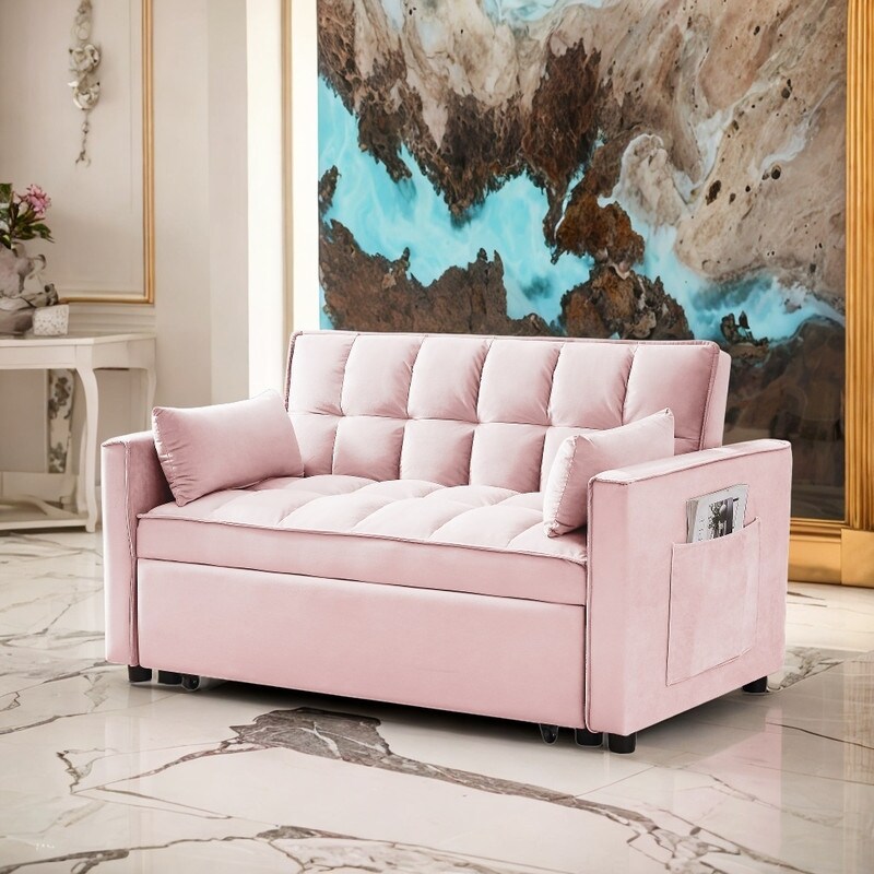 3 in 1 Convertible Sleeper Sofa with Pullout Bed  Pink