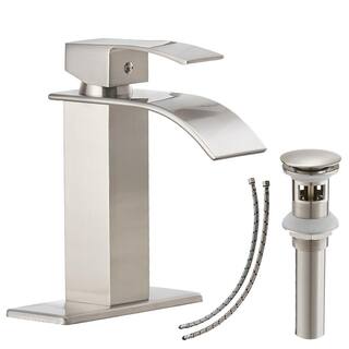 BWE Waterfall Single Hole Single-Handle Low-Arc Bathroom Faucet With Pop-up Drain Assembly in Brushed Nickel A-96021-N-2