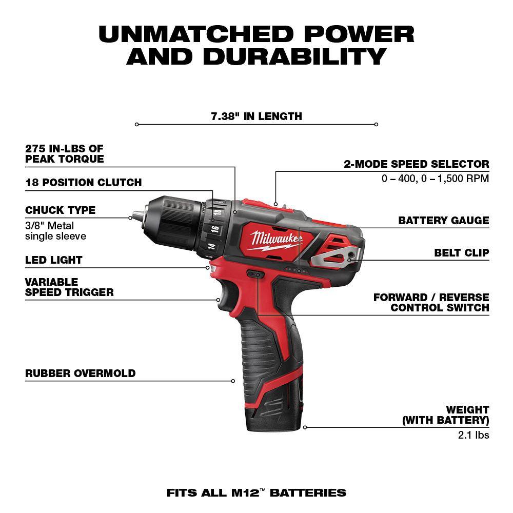 MW M12 12V Lithium-Ion Cordless Drill DriverImpact Driver Combo Kit (2-Tool) with SHOCKWAVEDriver Bit Set (45-Piece) 2494-22-48-32-4023