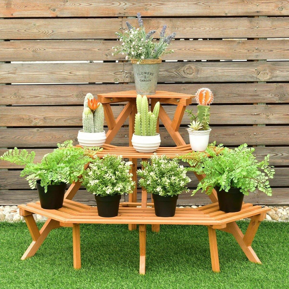 3 Tiers Wooden Corner Ladder Flower Plant Stand Display Shelf