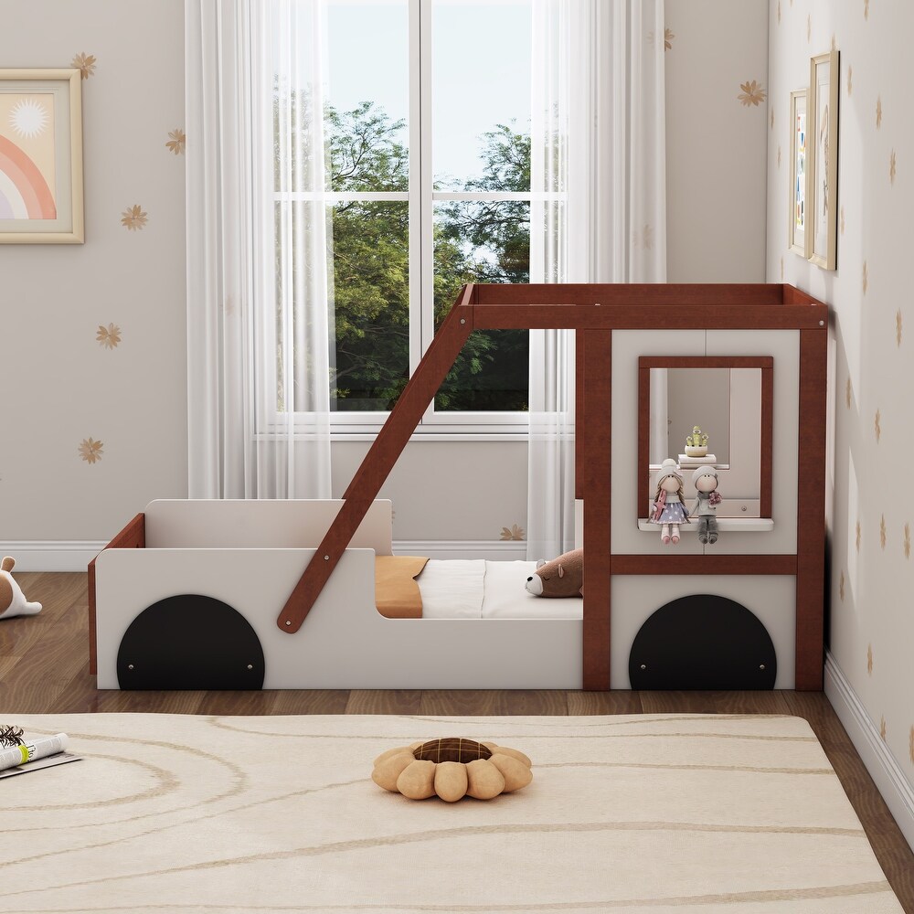 Brown/White Twin Size Car Shaped Platform Bed  Wooden Kids Floor Bed