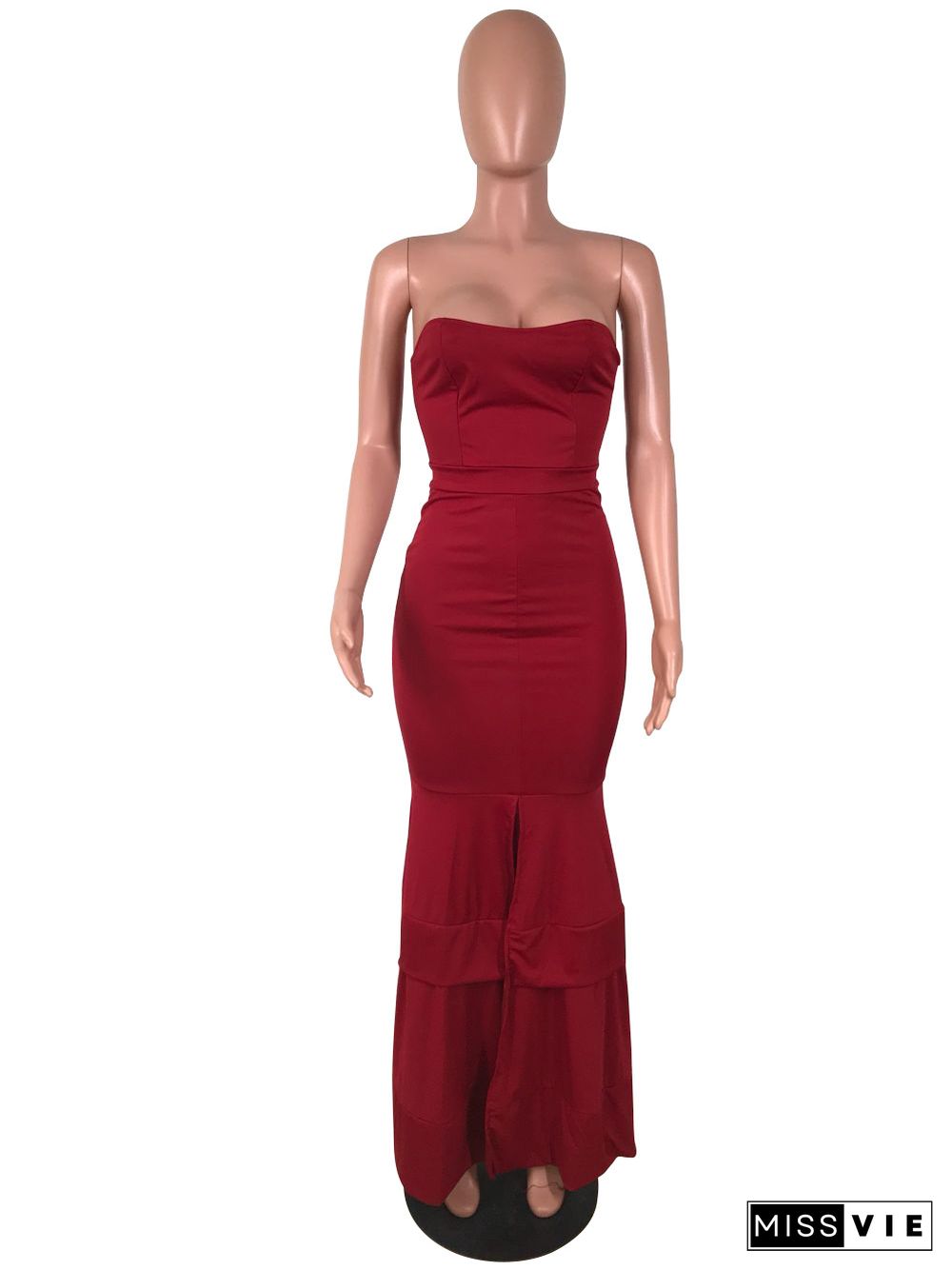 Women's Solid Color Elegant Strapless Fishtail Slit Long Dress