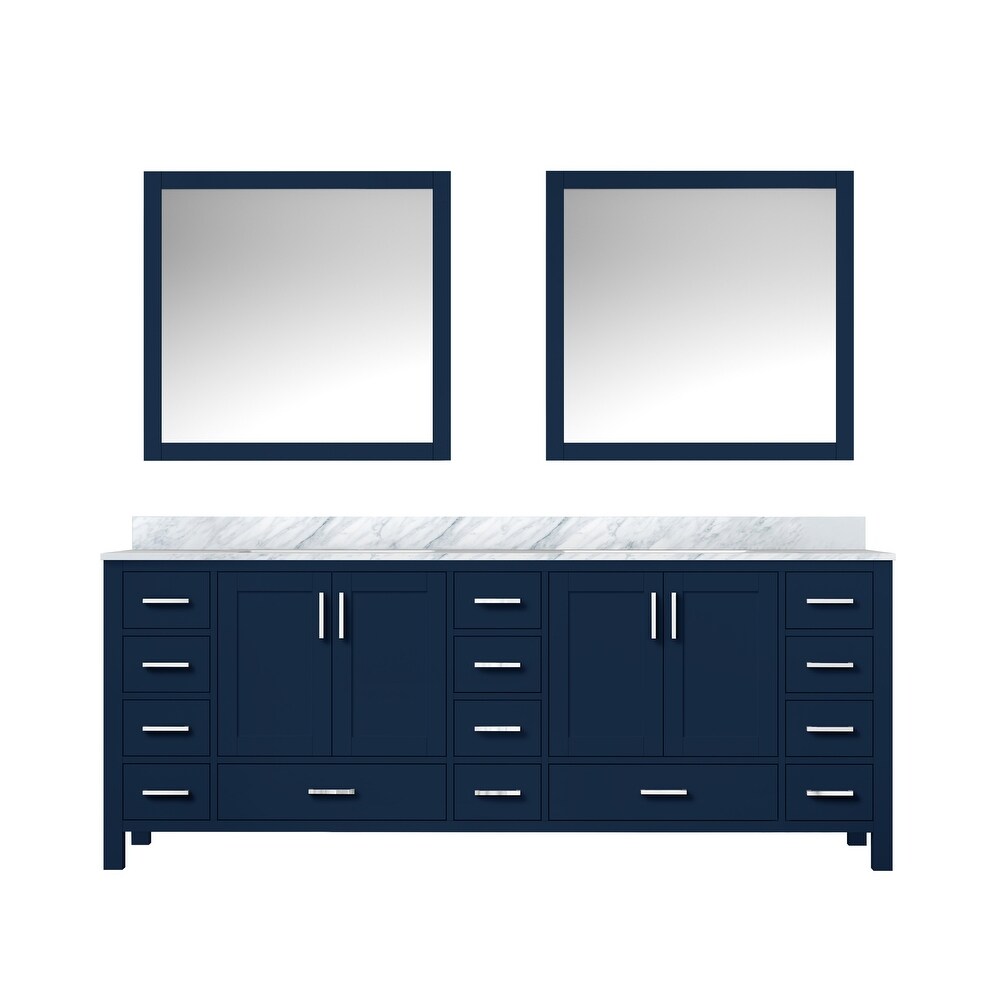 Jacques 84 in. W x 22 in. D Navy Blue Double Bath Vanity  Carrara Marble Top  and 34 in. Mirrors