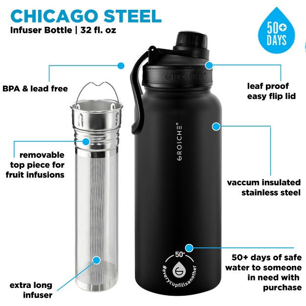 Grosche Chicago Steel 16 Oz Infusion Water Bottle Insulated Water Bottle Tea And Fruit Infuser Water Bottle Stainless Steel Flask