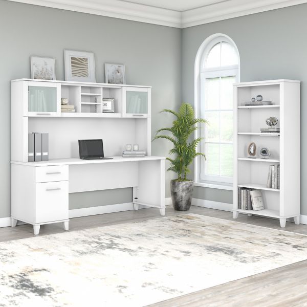 Bush Furniture Somerset 72W Office Desk with Hutch and 5 Shelf Bookcase in White