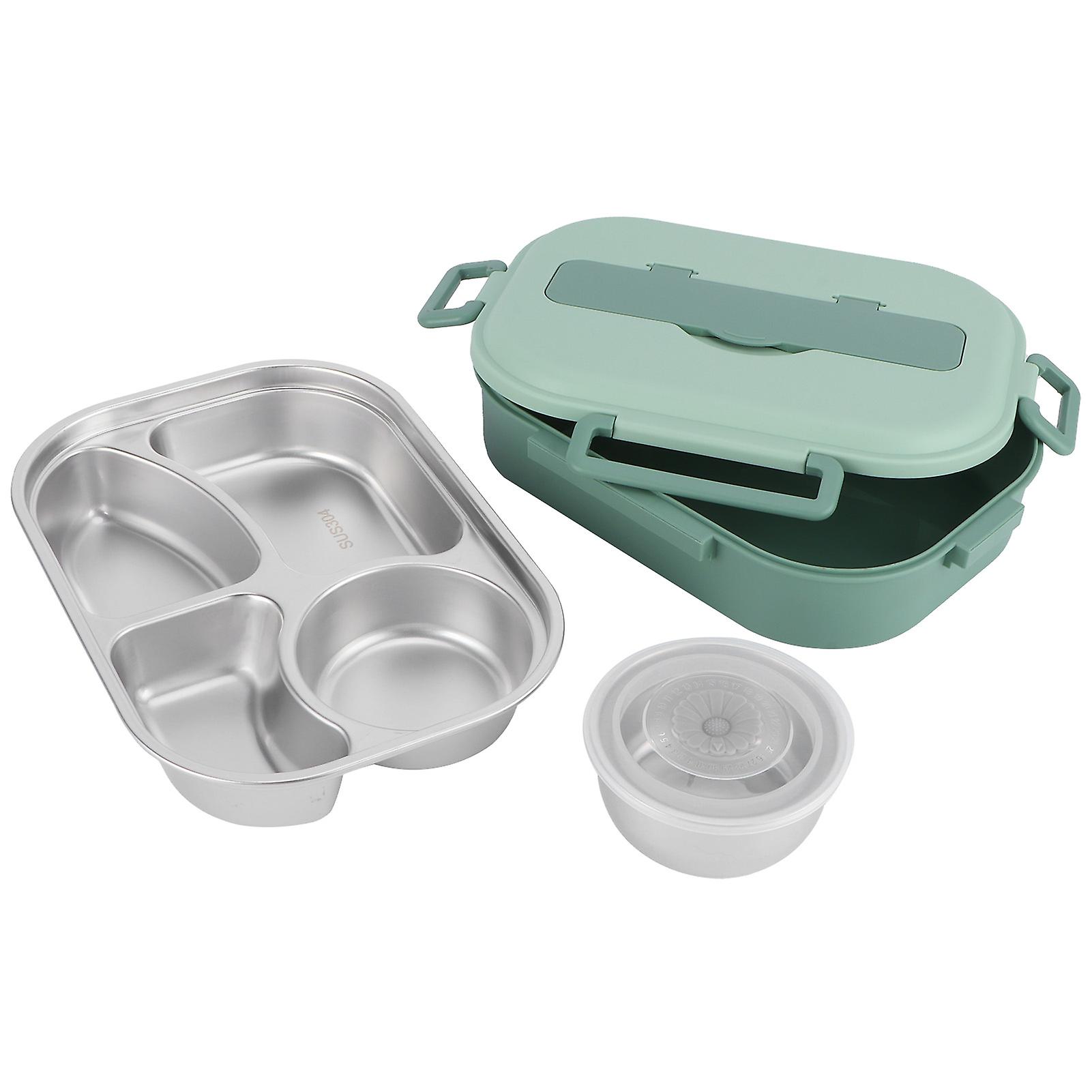 Stainless Steel Lunch Box 4grid Portable Bento Box Food Storage Container For Student Adult4grid Lunch Box With Soup Bowl: Green