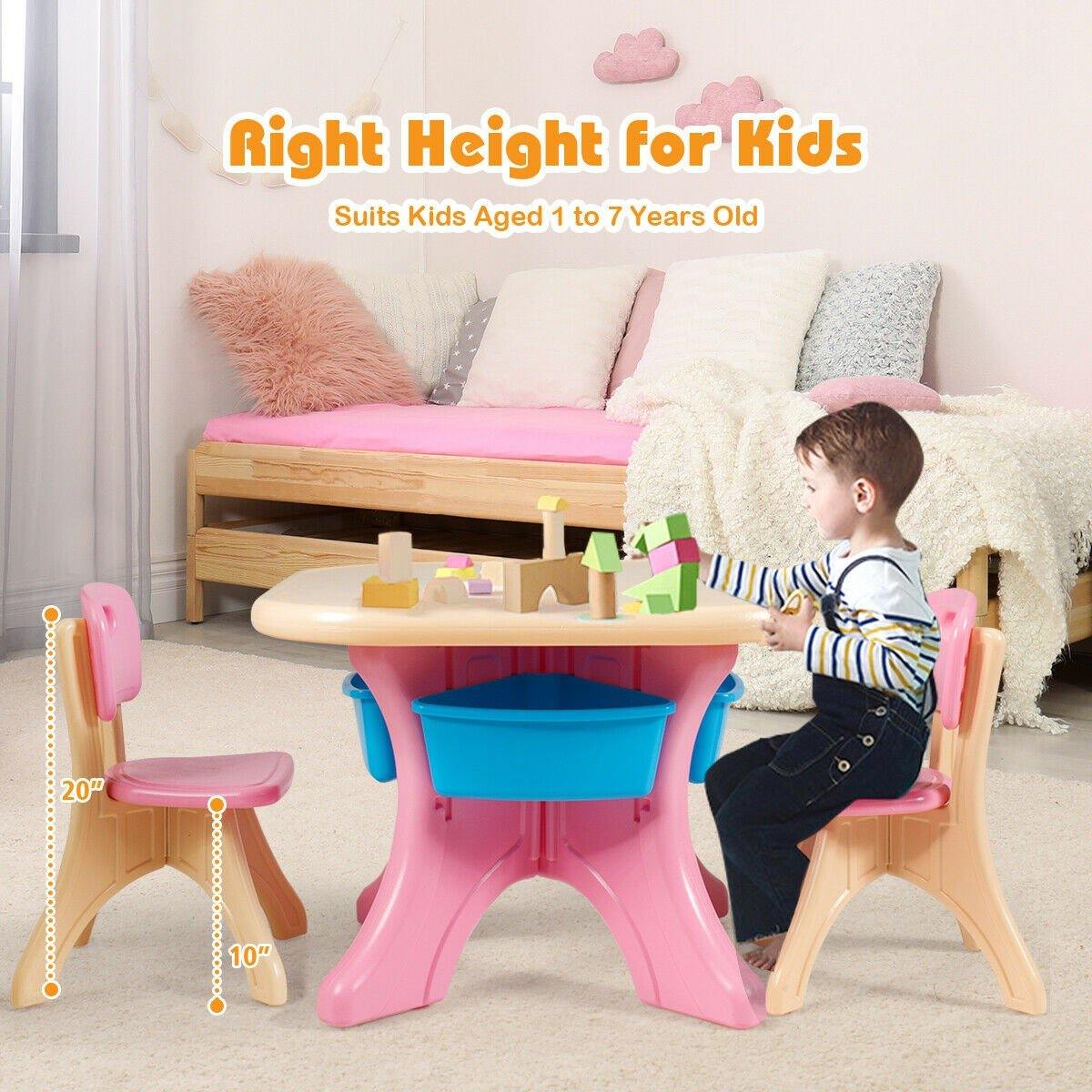 Plastic Children Kids Table & Chair Set 3-Piece Play Furniture In/Outdoor