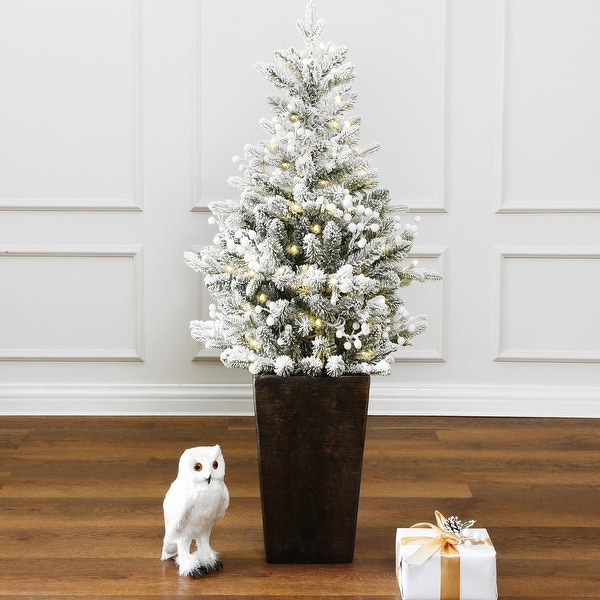 4Ft PreLit Snow Flocked Artificial Christmas Tree in Tall Fiber Stone Pot