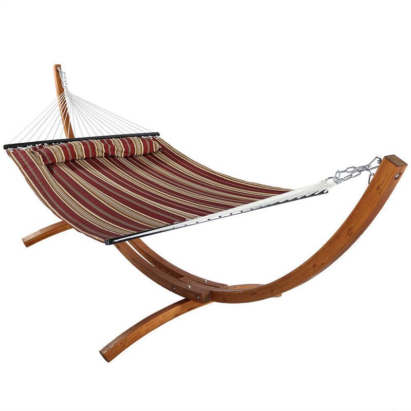 Ultimate Patio Quilted Double Hammock and Pillow w/ 12-Foot Wood Stand