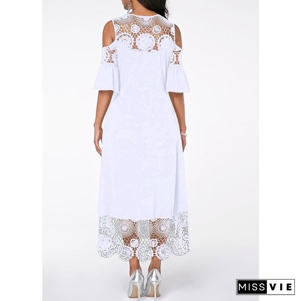 Fashion Women Elegant Crochet Lace Cold Shoulder Long Dress Party Casual Dress Plus Size