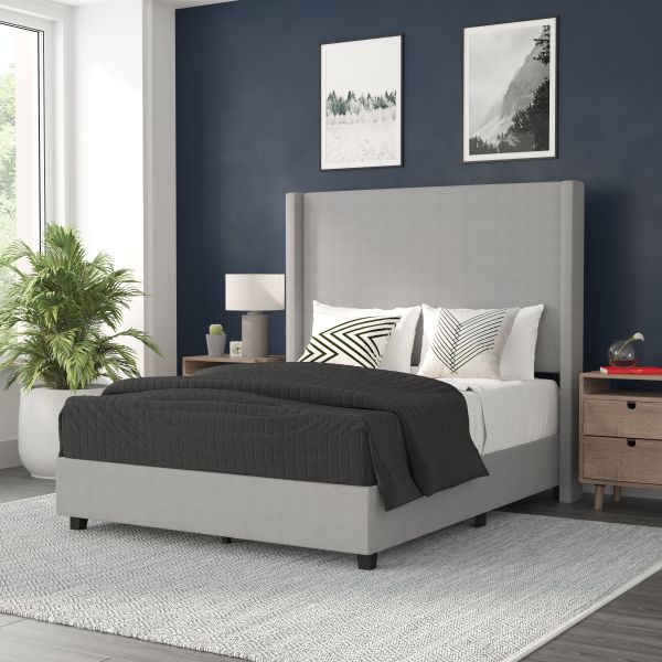 Quinn Full Upholstered Platform Bed with Channel Stitched Wingback Headboard， Mattress Foundation with Slatted Supports， No Box Spring Needed， Gray