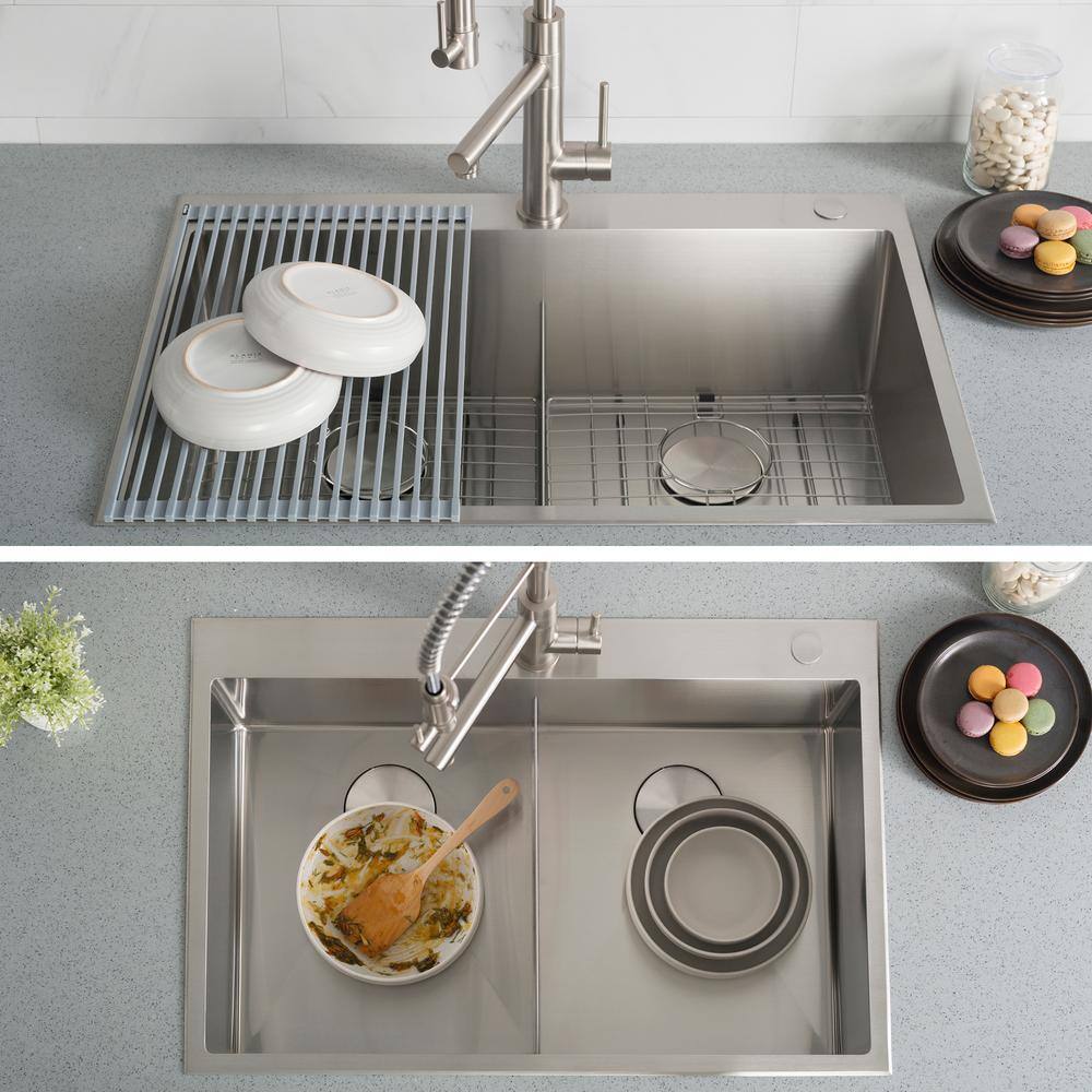 KRAUS 16- Gauge Stainless Steel 33 in. Standart Pro Double Bowl UndermountDrop-In 2-Hole Kitchen Sink with Pull Down Faucet KHT302-33-1610SFS