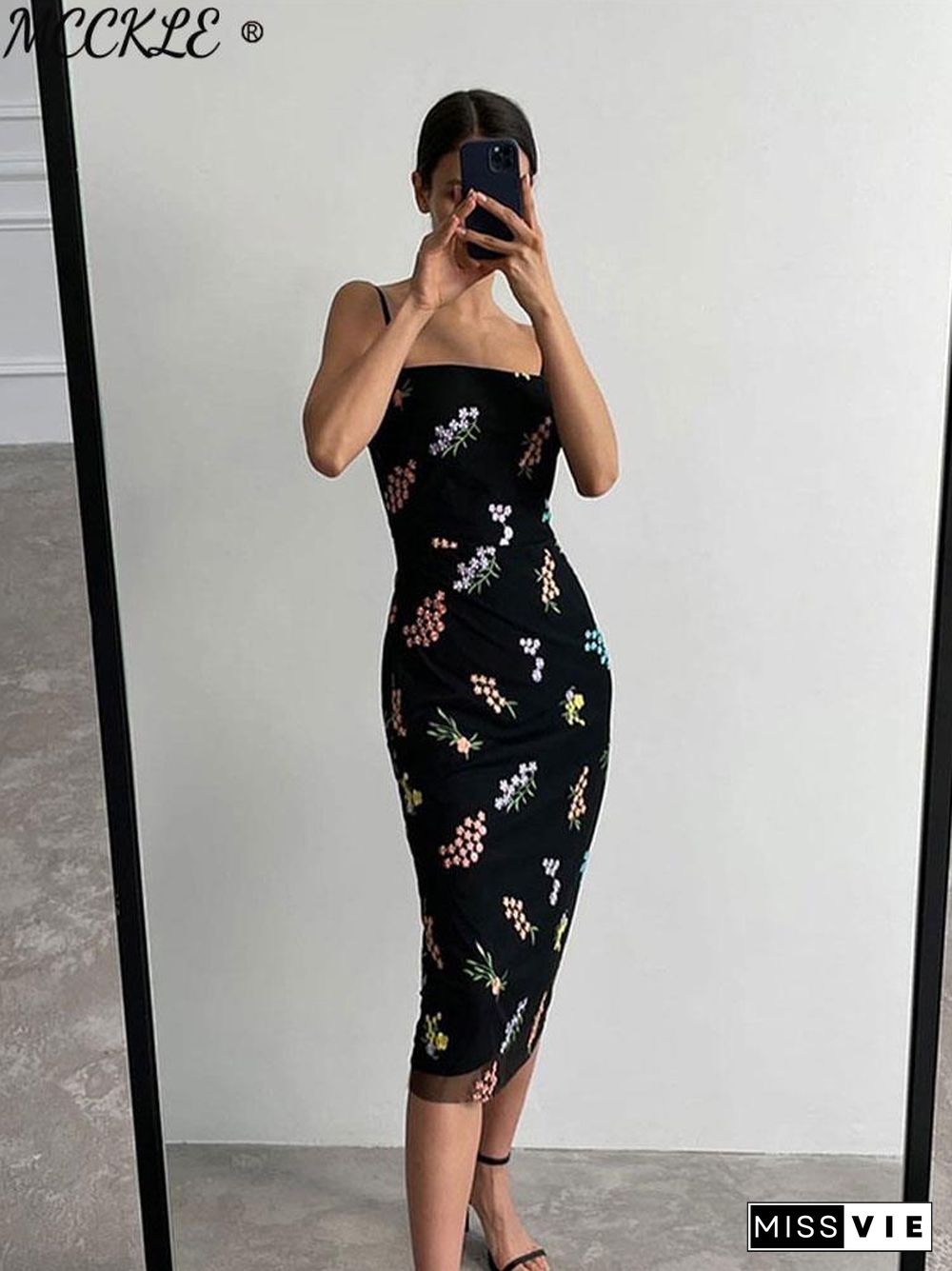 Elegant Woman Embroidery Floral Print Dress Female Slim Stylish Spaghetti Strap Dress For Women Summer Office Lady Vestidos