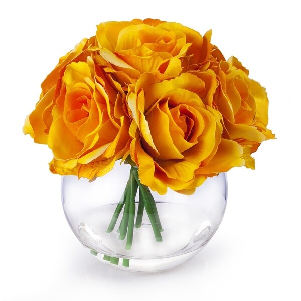 Enova Home Artificial 7 Heads Large Silk Roses Fake Flowers Arrangement in Clear Glass Vase with Faux Water for Home Decoration