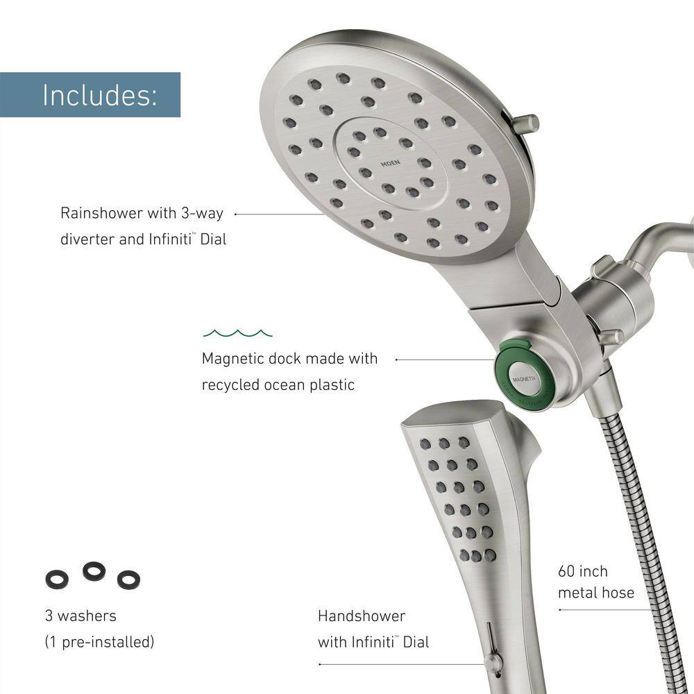 MOEN Verso 8-Spray Patterns with 1.75 GPM 7 in. Wall Mount Dual Shower Heads with Infiniti Dial in Spot Resist Brushed Nickel 220C2EPSRN