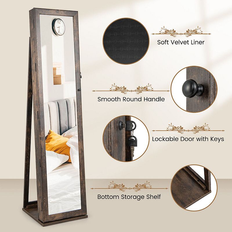 Standing Lockable Jewelry Storage Organizer with Full-Length Mirror