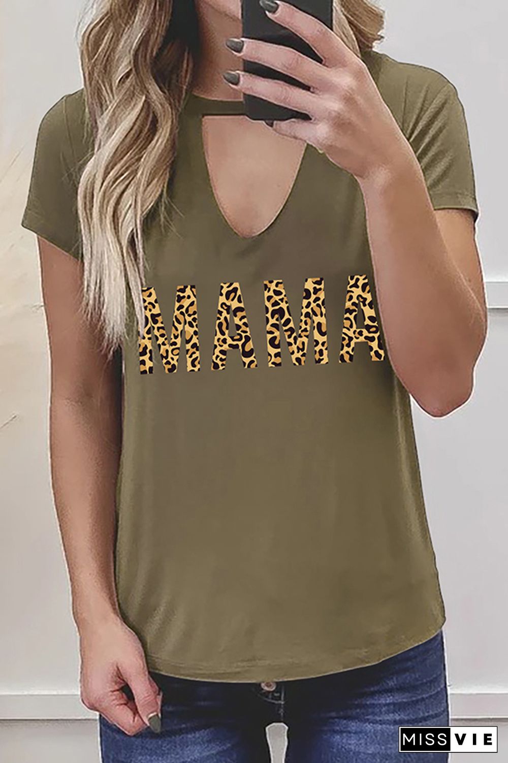 MAMA and Leopard Print Graphic Tees for Women Wholesale Short Sleeve T shirts Top