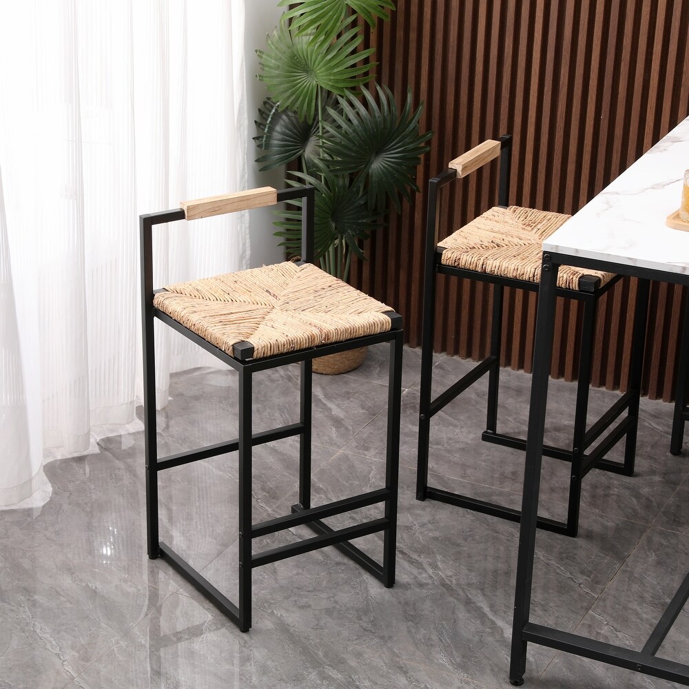 Set of 2 Pub Chairs Bar Stools with Woven Seat  Unique Bar Chairs with Footrest  Counter Height Dining Chairs  Accent Chairs