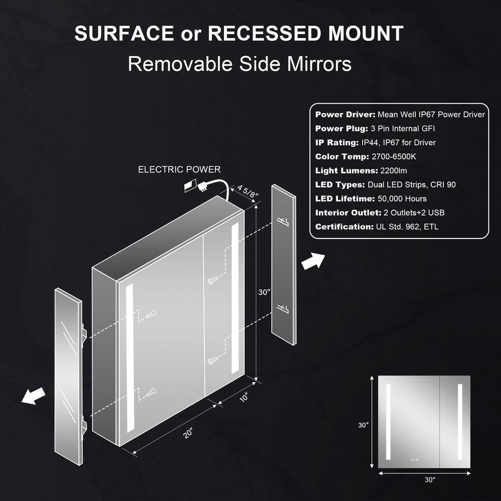 WELLFOR 30 in. W x 30 in. H Medium Aluminum Recessed or Surface Mount Medicine Cabinet with Mirror and Lighted W4MCL3030