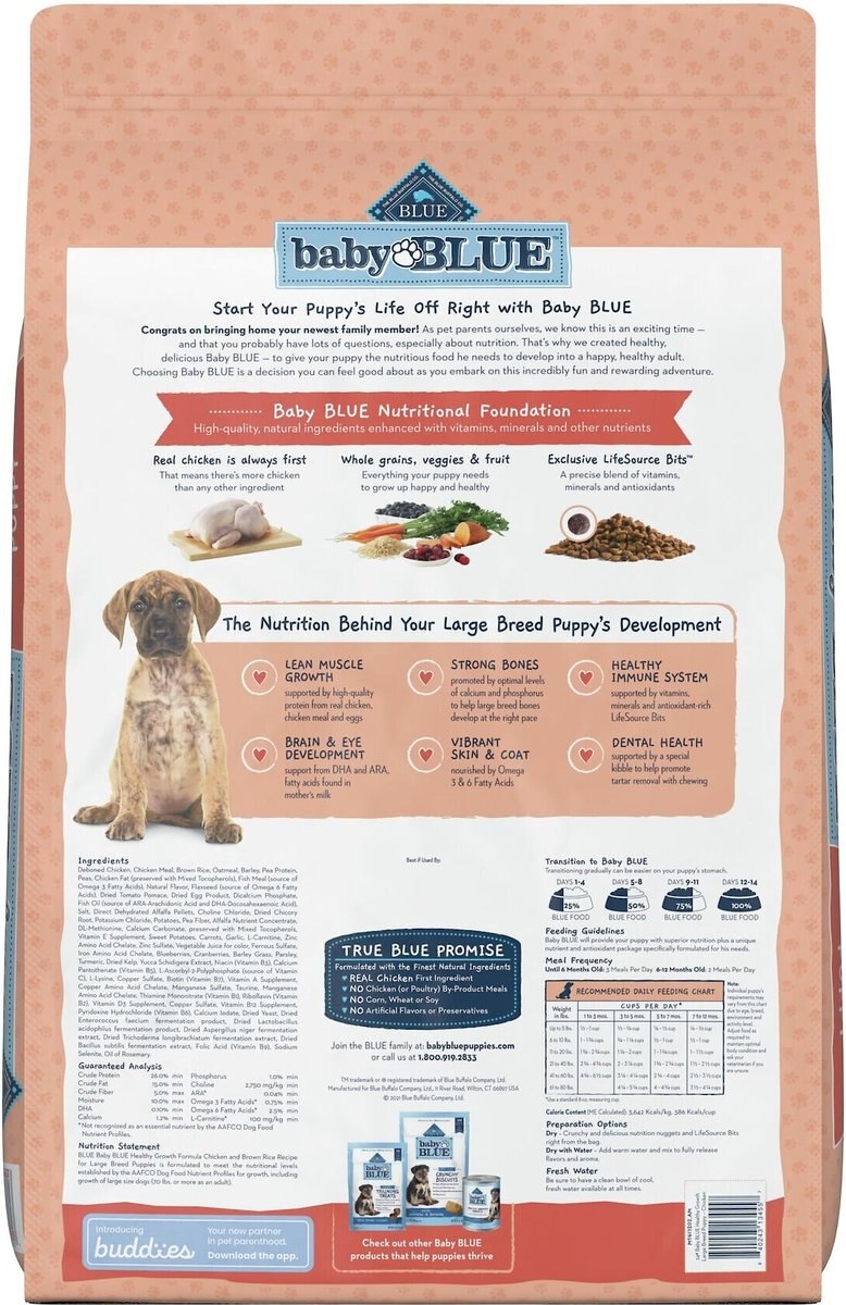 Blue Buffalo Baby Blue Large Breed Healthy Growth Formula Natural Chicken and Brown Rice Recipe Puppy Dry Food， 24-lb bag