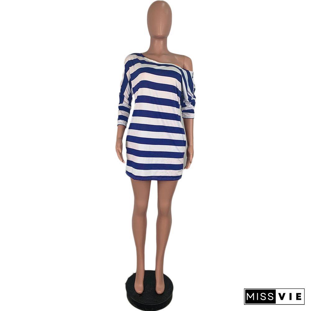 Casual Stripes Oblique Shoulder Pocket Short Dress