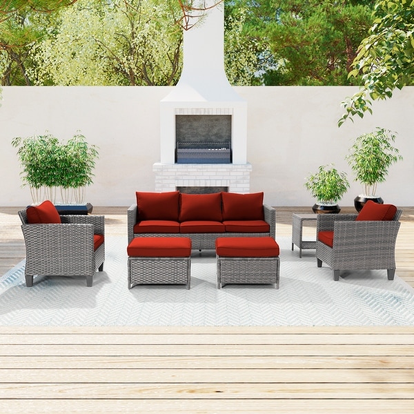 AOOLIMICS 6Pcs Patio Outdoor Furniture Gray Rattan Ottoman Seating Sofa Set