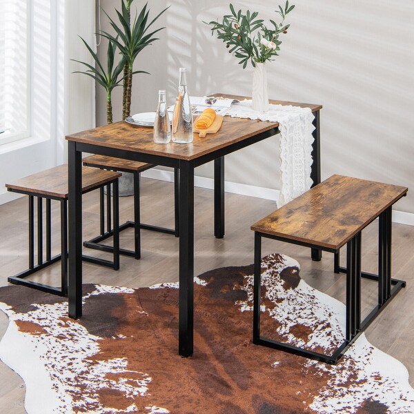 4 Pieces Industrial Dining Table Set with Bench and 2 Stools-Brown - 47.5