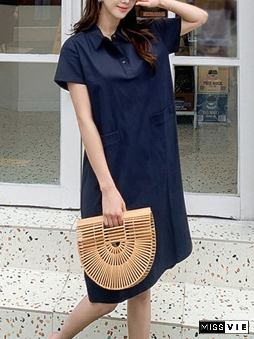 Leisure Solid Button Pocket Lapel Midi Dress