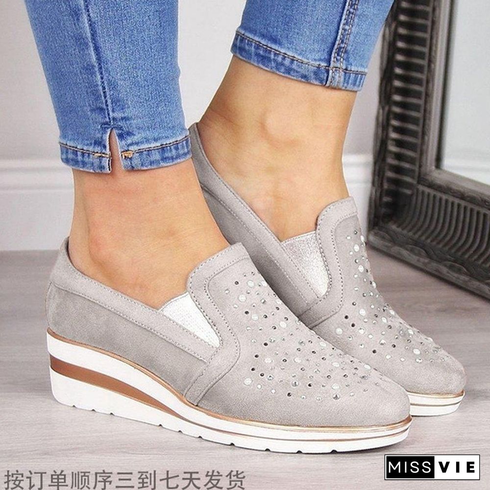 Women Casual Thick Sole Single Shoes Rhinestones Sandals Breathable Wedge Shoes