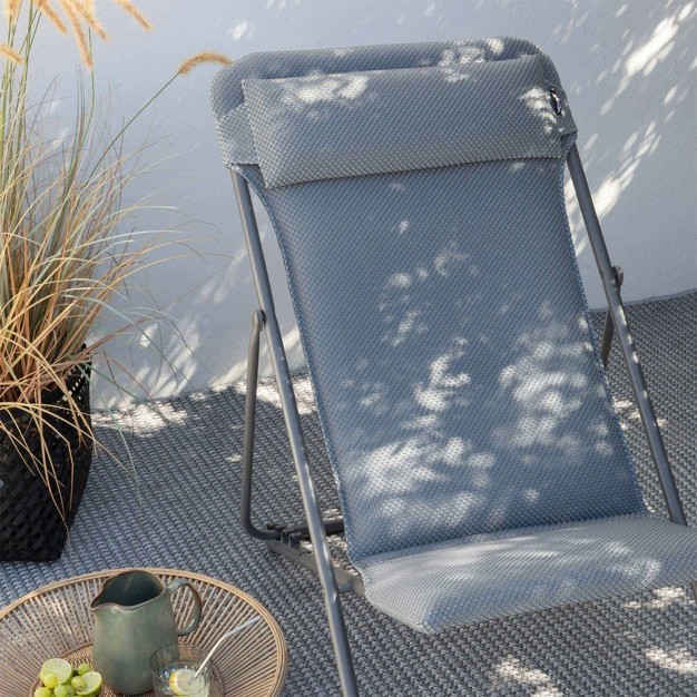 Lafuma Maxi Transat Plus Adjustable Foam Padded Ultra Compact Reclining Foldable Sling Chair With Headrest For Indoors And Outdoors Silver