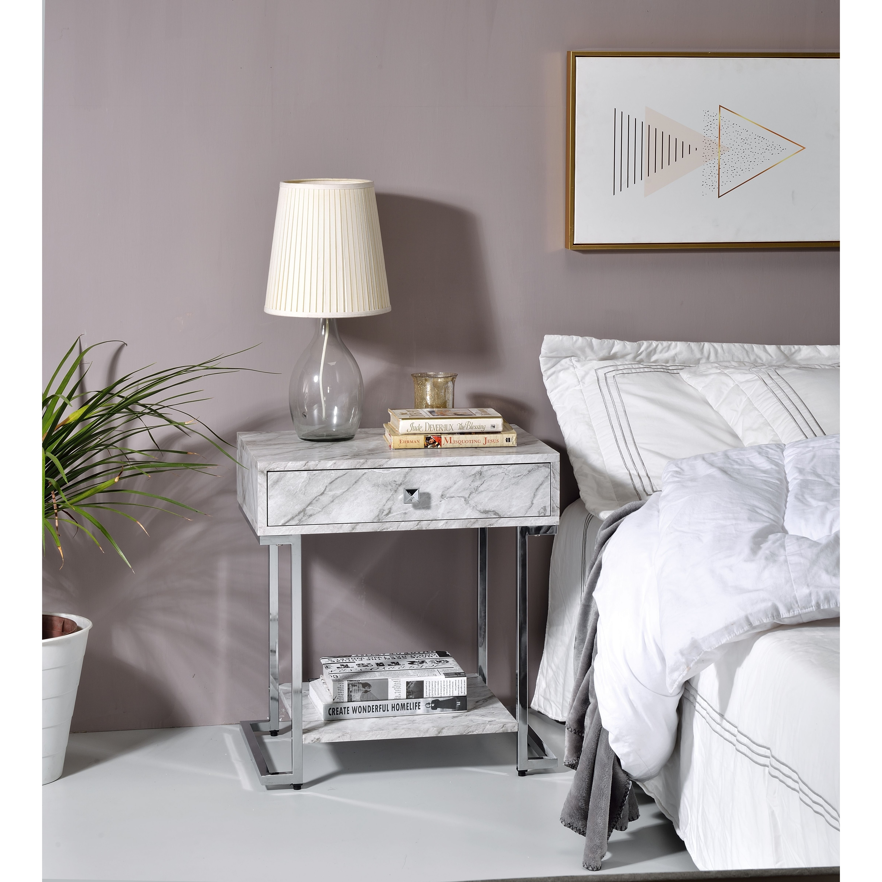 White Printed Faux Marble and Chrome Finish Wither Accent Table