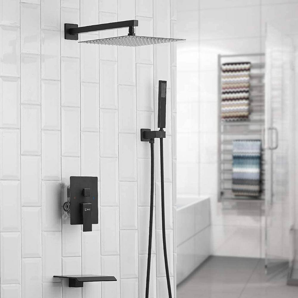 GIVING TREE 1-Spray 10 in. Square Rainfall Shower Head and Hand Shower with Bathtub Faucet in Matte Black (Valve Included) XLHDDFAR0025