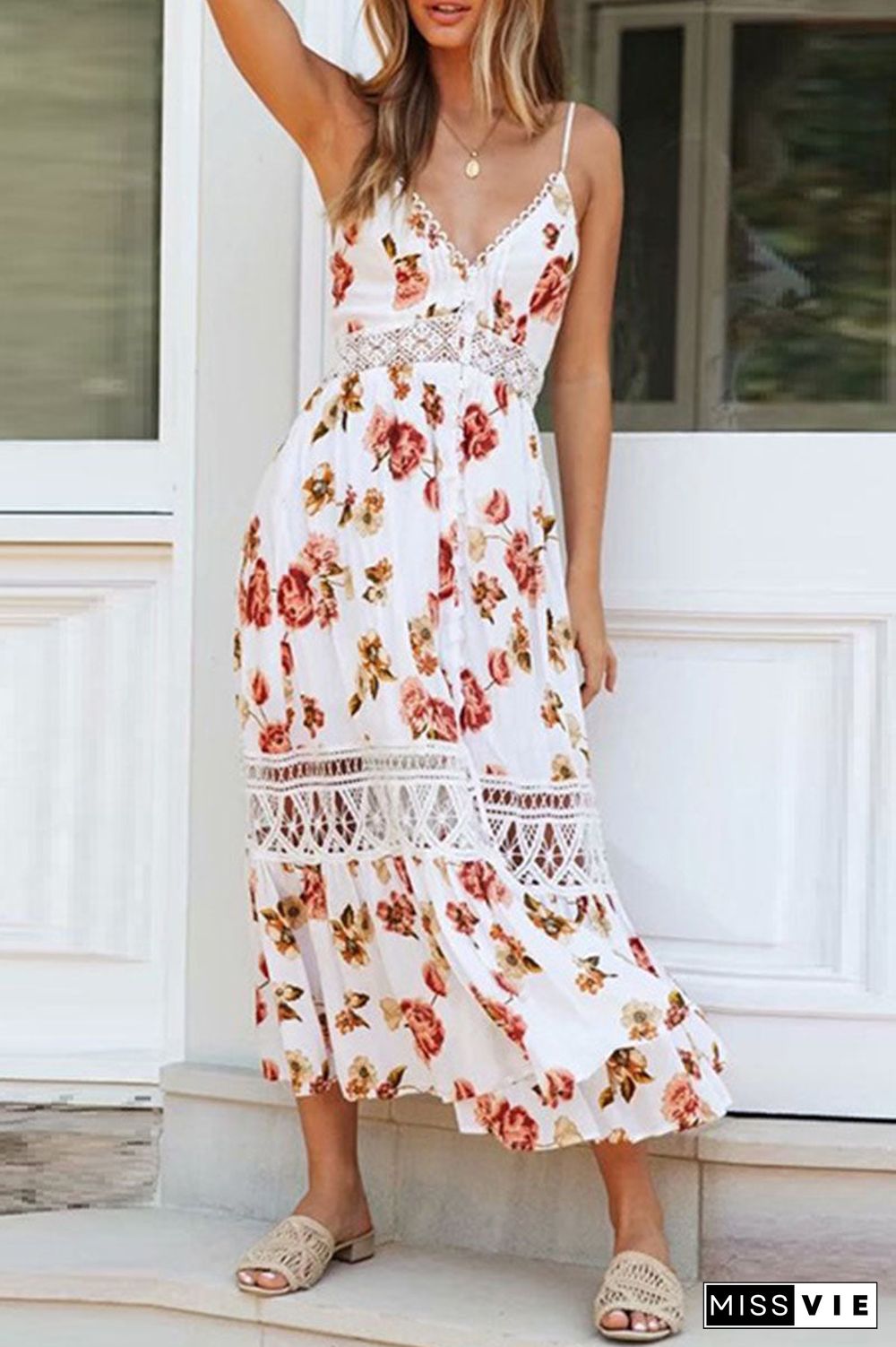 Fashion Street Print Split Joint V Neck A Line Dresses