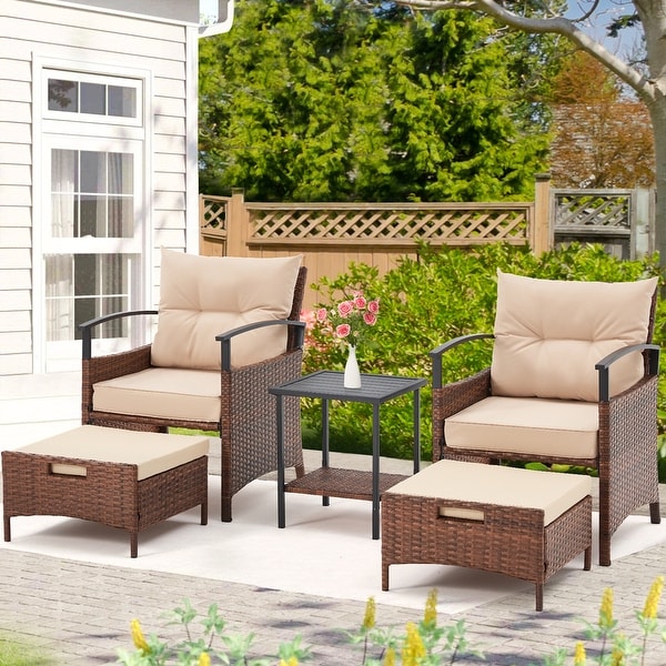 AVAWING 5Piece Patio Furniture Set Wicker Conversation Set with Coffee Table and Ottoman