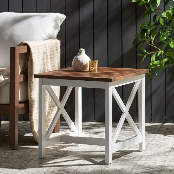 Outdoor Two Toned Side Table with Xshaped Supports and a Slatted Tabletop