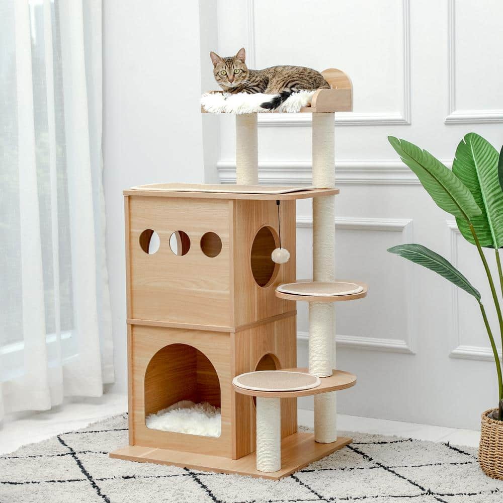 Foobrues Modern Cat Tree Wooden Multi-Level Cat Tower, Deeper Version of Cat Sky Castle with 2 Cozy Condos and Luxury Perch L-W79632636