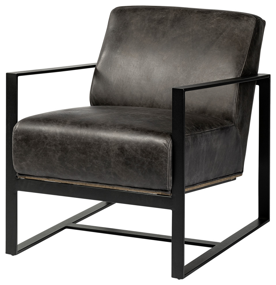 HomeRoots Ebony Genuine Leather Wrapped Accent Chair With Metal Frame   Transitional   Armchairs And Accent Chairs   by VirVentures  Houzz