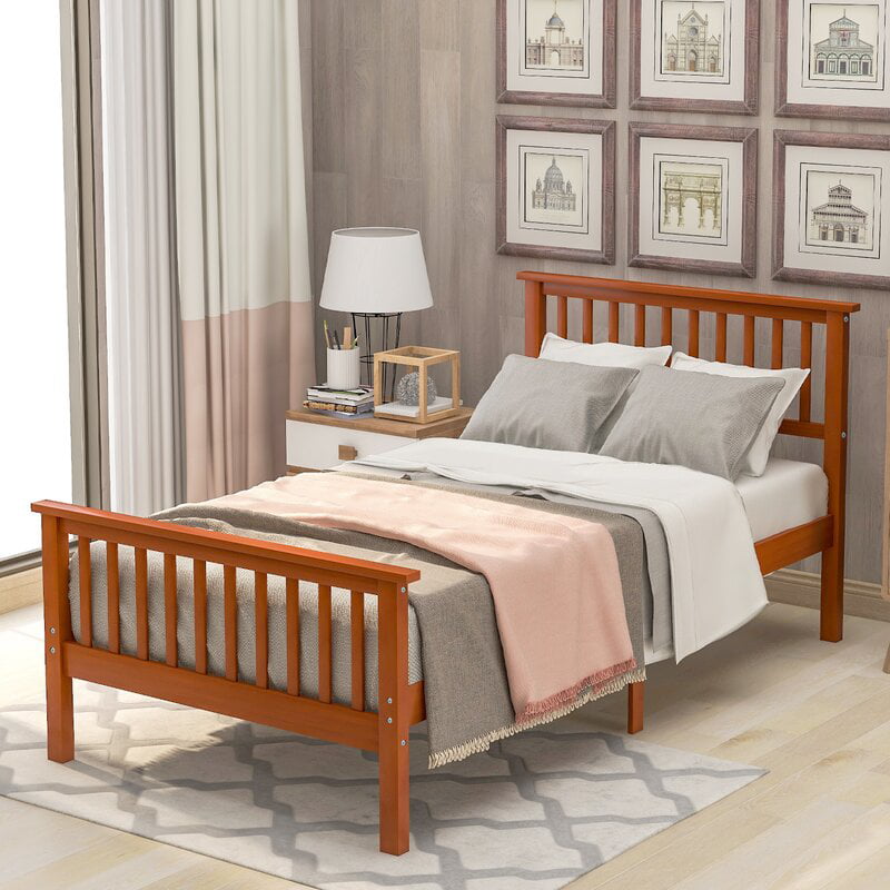 uhomepro Twin Bed Frame No Box Spring Needed, Wood Platform Bed Frame with Headboard and Footboard, Strong Wooden Slats, Twin Bed Frames for Kids, Adults, Modern Bedroom Furniture, Oak Color