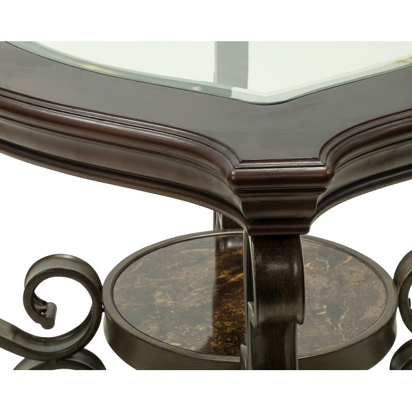 End table， Glass table top， MDF W/marble paper middle shelf， powder coat finish metal legs.