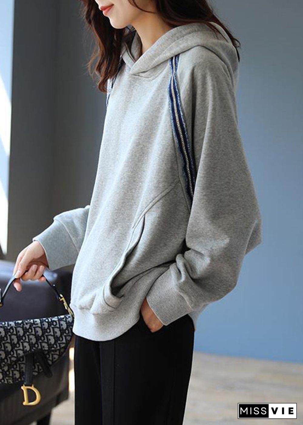 Modern Grey Hooded Pockets Cotton Pullover Sweatshirt Fall