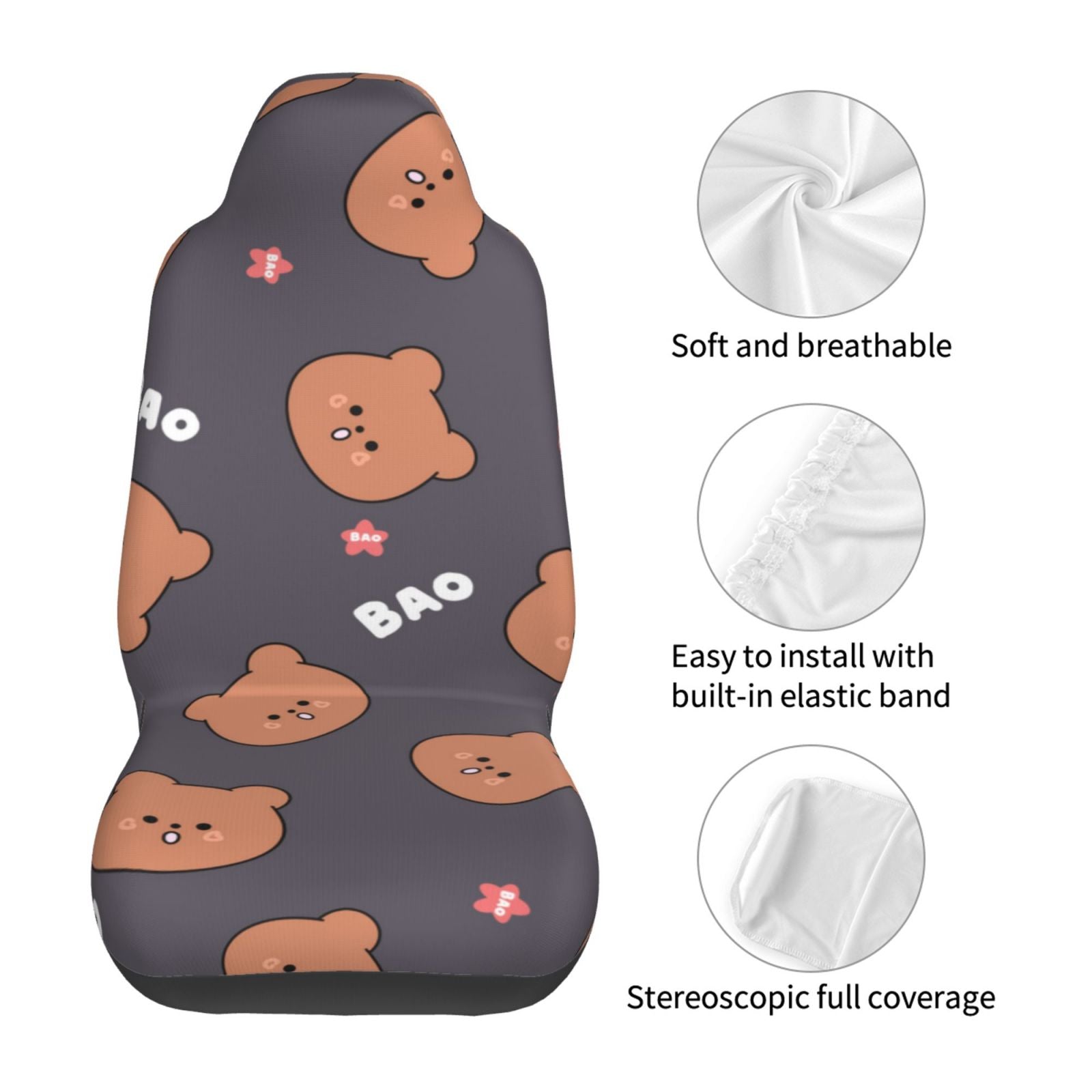 TEQUAN Front Seat Covers， Brown Cartoon Bear Pattern 2 Piece Car Seat Cover Fit Most Car SUV Truck Van