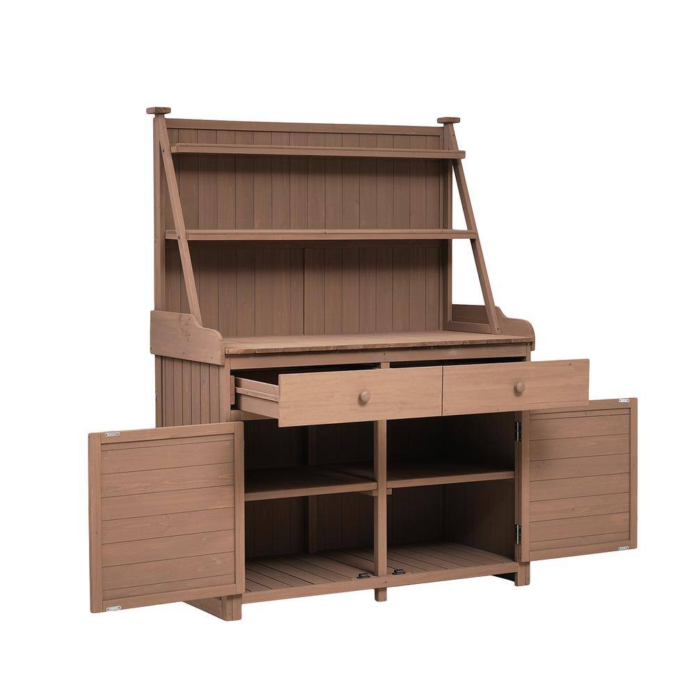 Polibi 47.2 in. W x 65 in. H Brown Garden Potting Bench Table Wood Workstation with Storage Shelf Drawer and Cabinet RS-53722-D