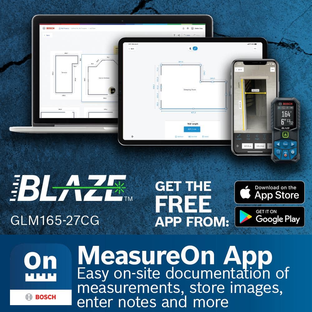 Bosch BLAZE 165 ft. Green Laser Distance Tape Measuring Tool with Bluetooth, Haptic Feedback, and Measurement Rounding GLM165-27CG